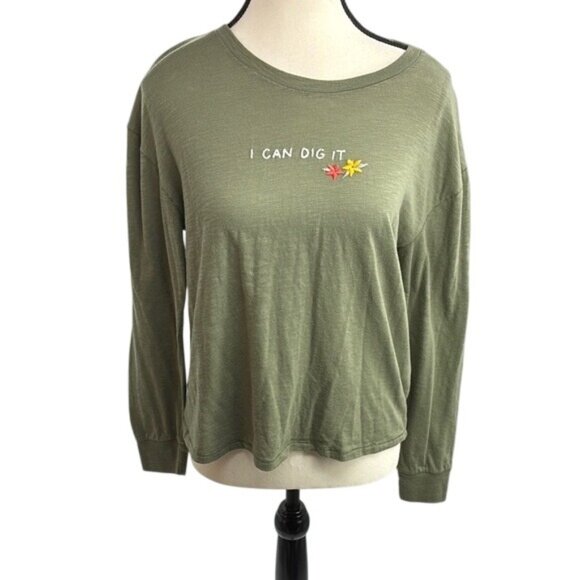 Abercrombie & Fitch Green Long Sleeve Graphic Tee Womens Size S "I Can Dig It" - Picture 1 of 8